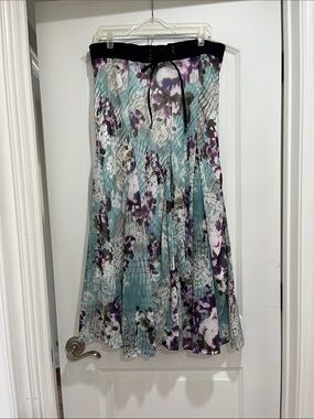 Lapis Teal and Purple Floral Pleated Midi Skirt